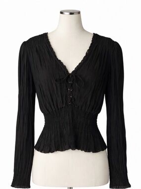 Soya Black Lace Up Top Whimsigoth Peasant Blouse Gothic Medium Babydoll Shirt